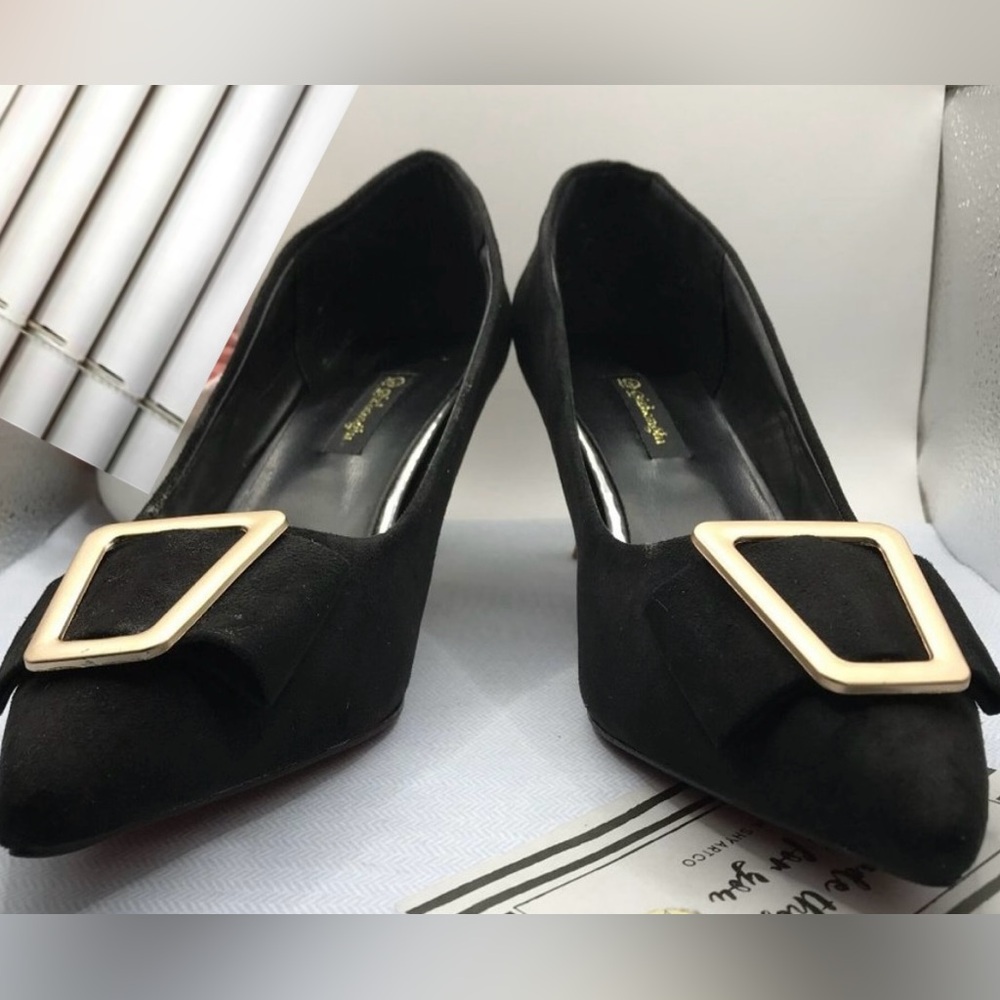 Women Black Pointed Toe Metal Ring Novel Designed Fashion Slip On Shoes